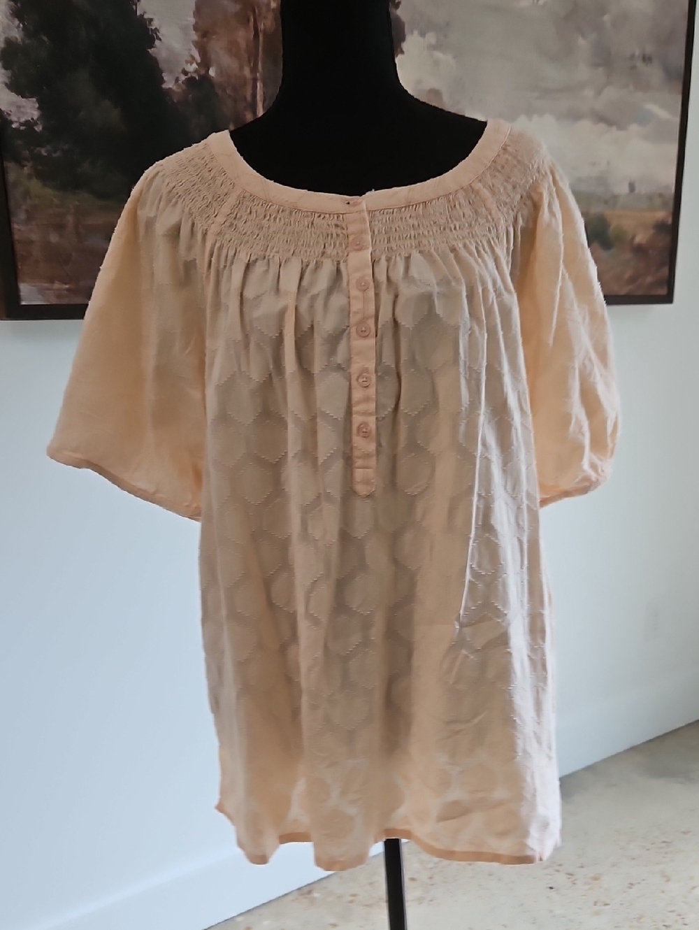 Linda Anderson Peach Short Sleeve Smocked Yoke Blouse. XL
